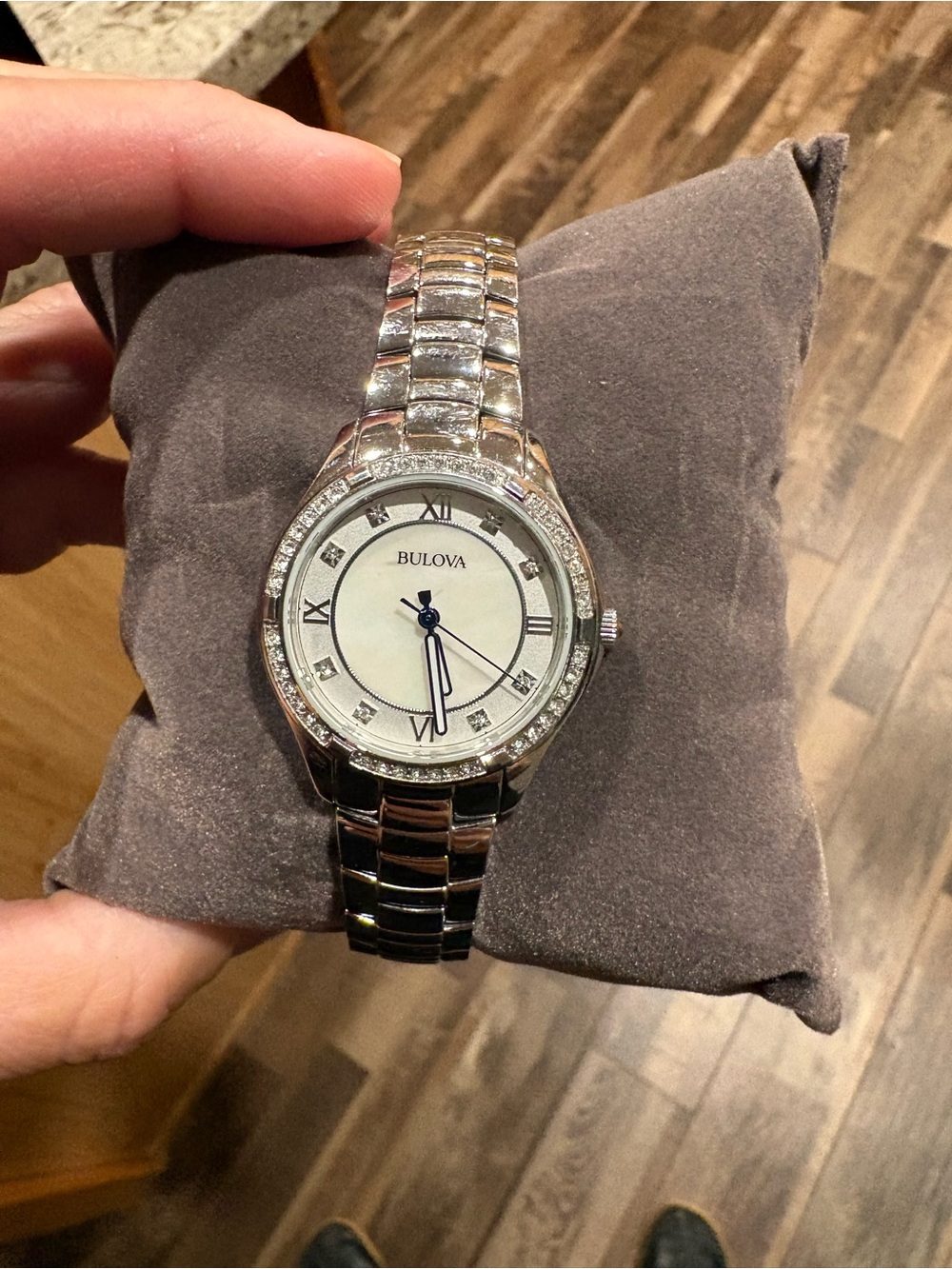 Bulova Silver-Tone Watch with White Dial and Crystal Accents